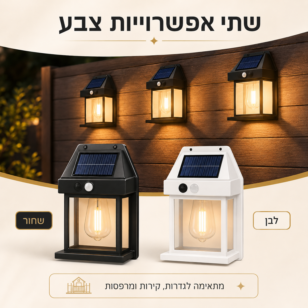 מנורת קיר סולארית LED עם חיישן תנועה – עמידה למים IP65