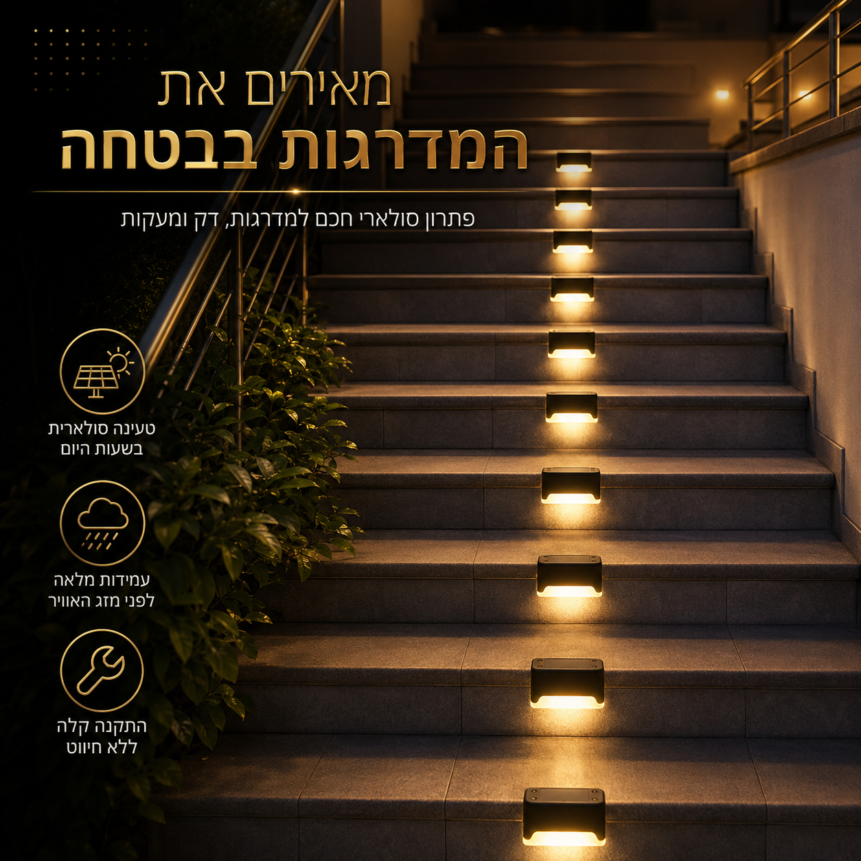מנורות סולאריות למדרגות ולדק באור חם – 1/4/8/12 יחידות