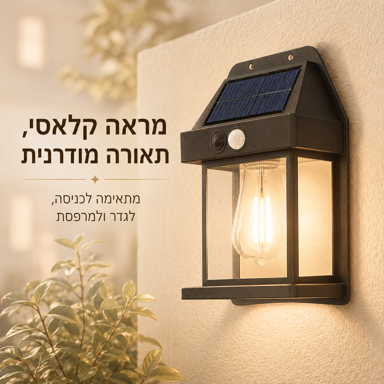 מנורת קיר סולארית LED עם חיישן תנועה – עמידה למים IP65