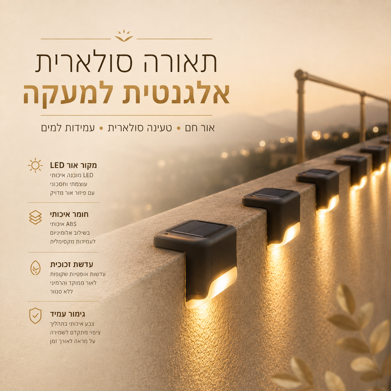 מנורות סולאריות למדרגות ולדק באור חם – 1/4/8/12 יחידות
